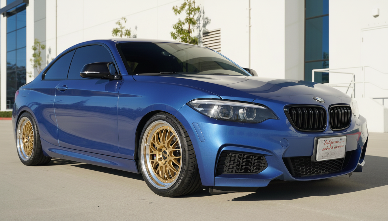 Bronze aftermarket wheels on Blue BMW 2‑Series coupe - virtual test fit render