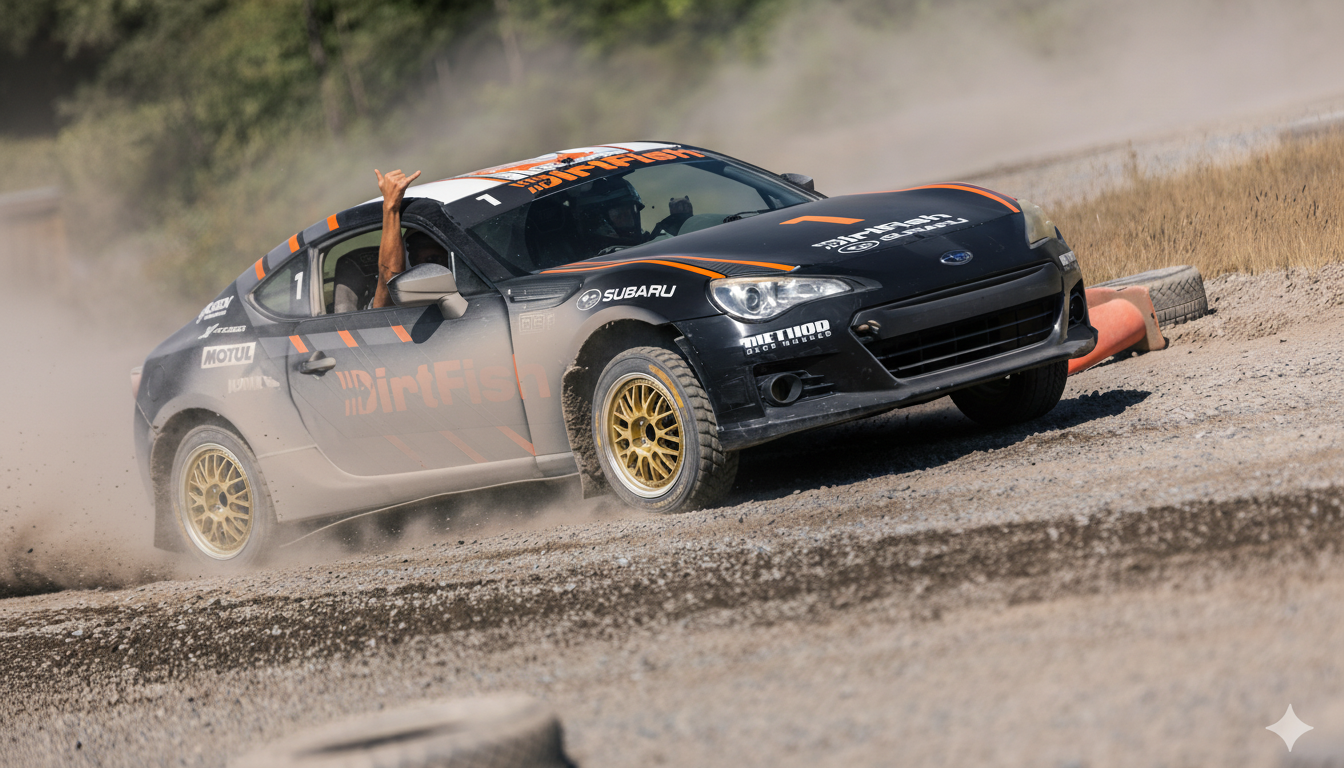 DirtFish‑liveried Subaru BRZ sliding on a gravel rally course