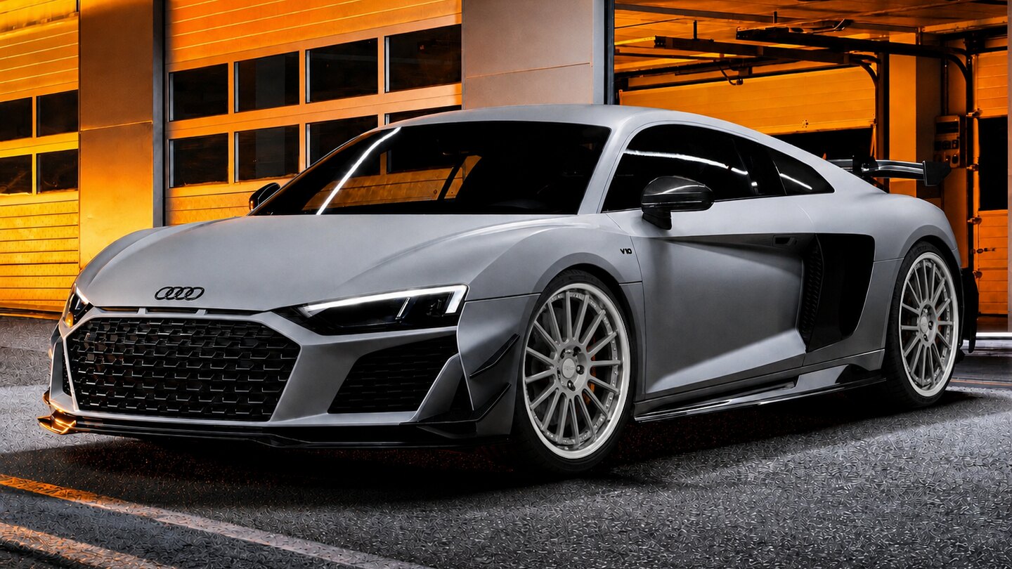 Серебристый Audi R8 с исходными дисками